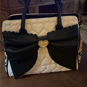 Elegant Betsey Johnson Satchel bag with Black and White/beige with Heart Detail
